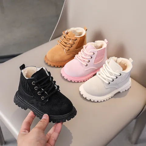 Bottes Martin pour Enfants Bottes de Neige d'Hiver Chaudes en Polaire Antidérapantes Bottes Courtes Décontractées en Cuir PU pour Garçons Filles