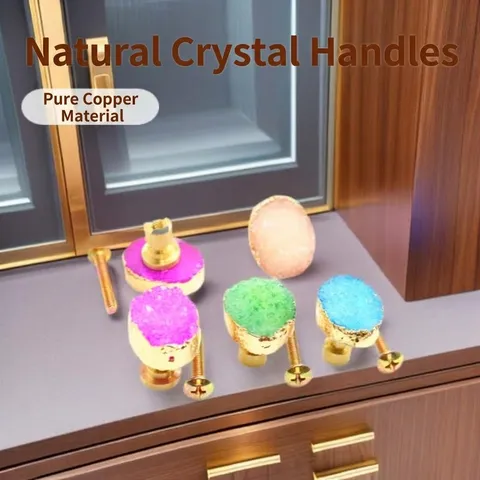 Natural Crystal Stone Copper Cabinet Pull Handle Nordic Style Single Hole Drawer Knob For Furniture Hardware Decor