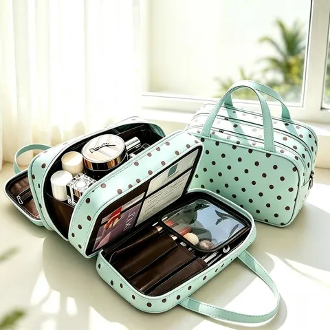 Large Capacity Polka Dot Makeup Bag Waterproof Travel Toiletry Bag Multi-Compartment Portable Storage Organizer Bag For Women
