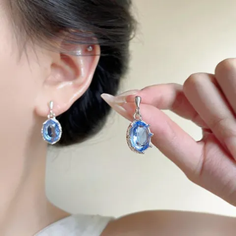 Blau Zirkon Kristall Anhänger Ohrstecker Mit 925 Sterling Silber Stift Luxuriös Geometrisch Ohrringe Für Damen Schmuck