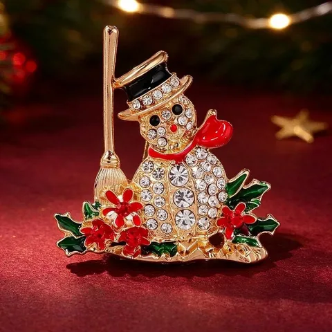 Vintage Cartoon Christmas Snowman Broom Brooch Alloy Rhinestone Enamel Breastpin For Women Men Holiday Clothing Jewelry Gift
