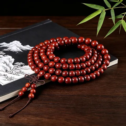 Bracelet Multi Rangs en Santal Rouge de Zambie Style Ethnique Perles de Prière en Bois Poli Bijoux de Méditation pour Hommes Femmes