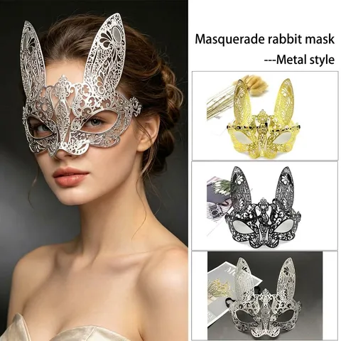Venetian Masquerade Metal Iron Mask Rhinestone Hollow Rabbit Cat Face Eyemask Women Halloween Party Cosplay Costume Prop