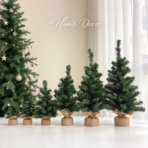 Mini Artificial Christmas Tree With Burlap Wrapped Base PVC Needle Small Pine Tree Desktop Decor Holiday Rustic Tabletop