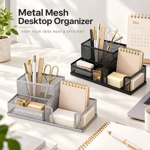 Multi-compartment Metal Mesh Desk Organizer Pen Holder Iron Art Stationery Storage Box For Student Office Desktop Tidy
