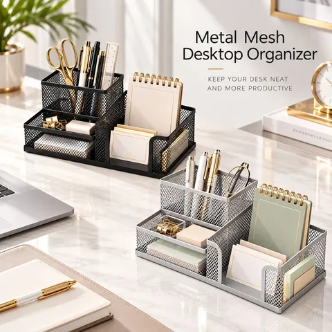 Multi-compartment Metal Mesh Desk Organizer Pen Holder Iron Art Stationery Storage Box For Student Office Desktop Tidy