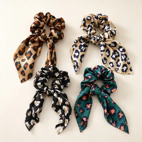 Leopard Print Satin Scrunchie With Long Ribbon Bow Elastic Hair Tie Fashion Headwear For Women Girls