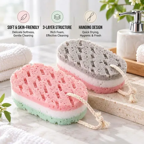 Éponge De Bain Colorée À Triple Couche Éponge Exfoliante Pour Le Corps Avec Corde De Suspension Éponge Moussante
