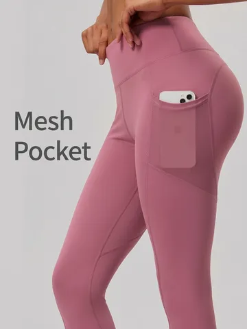 Women High Waist Butt Lifting Yoga Leggings With Mesh Side Pockets Stretchy Workout Athletic Running Tummy Control Bottom