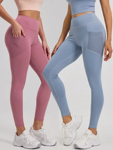 Women High Waist Butt Lifting Yoga Leggings With Mesh Side Pockets Stretchy Workout Athletic Running Tummy Control Bottom