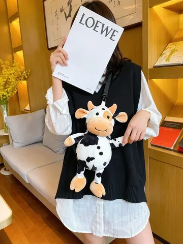 Sac À Bandoulière En Peluche Forme De Vache Mignon Dessin Animé Animal Sac À Main Doux Pour Enfants Accessoire Kawaii