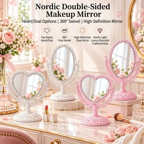 European Retro Baroque Style Desktop Makeup Mirror Heart Oval Swivel Carved Relief Plastic Frame Glass Vanity Bedroom