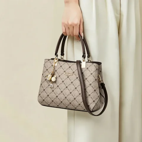 Mode Damen Handtasche PU Leder Große Kapazität Schulter Umhängetasche Monogramm Blumendruck Künstliche Perlenanhänger Eleganter Stil