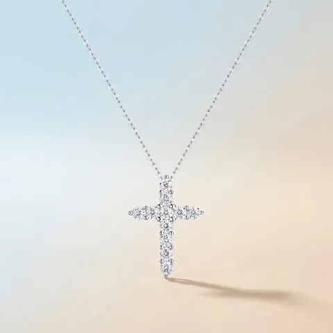 925 Sterling Silver Moissanite Cross Pendant Necklace For Women Men Faith Jewelry Classic Religious Inlaid Chain Necklace Gift