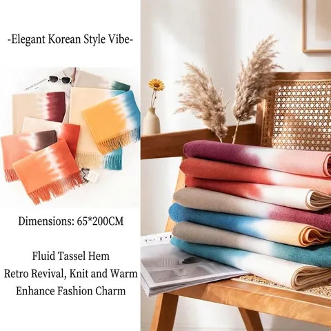 Vrouwen Elegante Sjaal met Kasjmier Gevoel Herfst Winter Koreaanse Stijl Gradiënt Tie-Dye Pashmina Omslagdoek Warme Kwastjes