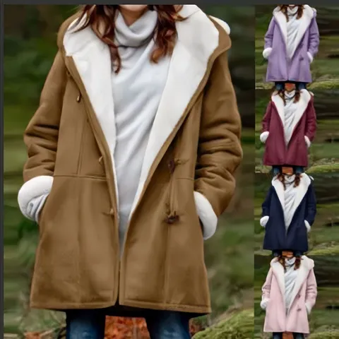 Women Mid Length Hooded Coat Winter Warm Fleece Lined Jacket With Toggle Buttons Solid Color Casual Harajuku Outerwear Top