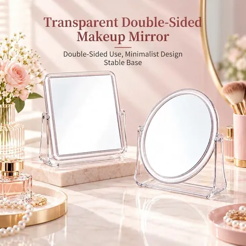 Specchio da Trucco da Scrivania Bifacciale Trasparente Rotante a 360 Gradi Cornice in Plastica Quadrata Rotonda Specchio da Toeletta per Donna Casa Camera da Letto