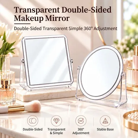 Specchio da Trucco da Scrivania Bifacciale Trasparente Rotante a 360 Gradi Cornice in Plastica Quadrata Rotonda Specchio da Toeletta per Donna Casa Camera da Letto