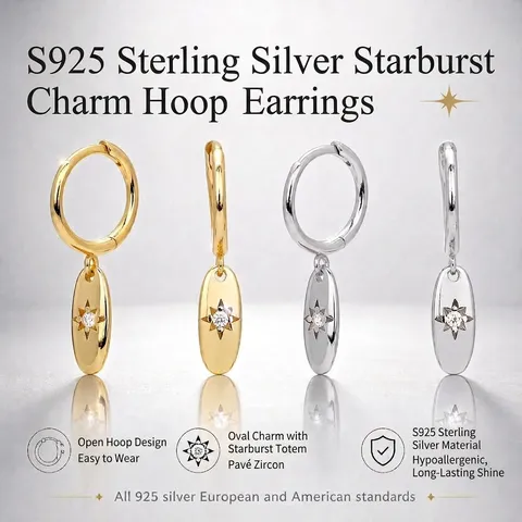 925 Sterling Silver Hoop Earrings With Oval Starburst Pendant Zircon Inlaid Geometric North Star Octagram Jewelry For Women