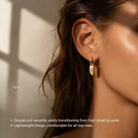 925 Sterling Silver Hoop Earrings With Oval Starburst Pendant Zircon Inlaid Geometric North Star Octagram Jewelry For Women