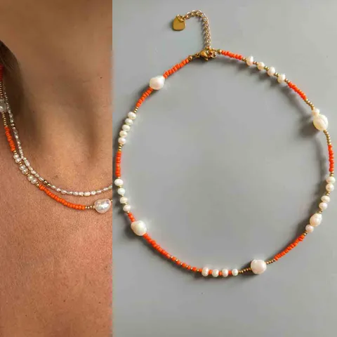 Collana Bohemienne con Perle d'Acqua Dolce Fatta a Mano per Donna Choker in Acciaio al Titanio Placcato Oro con Pendente a Cuore Gioielli da Spiaggia
