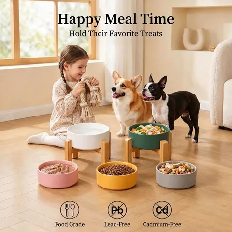 Elevated Ceramic Cat Bowl With Bamboo Stand Anti-Vomit Neck Protection Pet Food Water Bowl For Cats Small Dogs