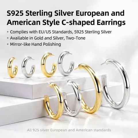 925 Sterling Zilveren Hoop Oorbellen Minimalistische Glanzende C-Vormige Chunky Oorknopjes Voor Dames Casual Mode Sieraden