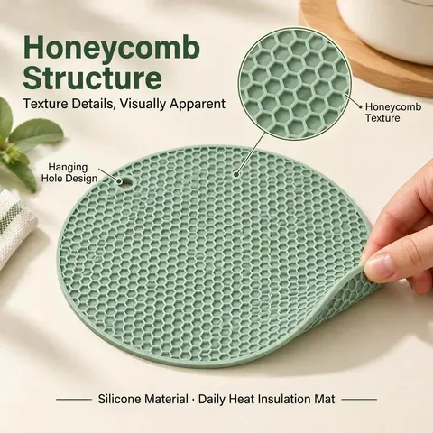Round Silicone Heat Insulation Pad Honeycomb Non-Slip Trivet Mat For Kitchen Pot Bowl Dish Dining Table Hanging Design