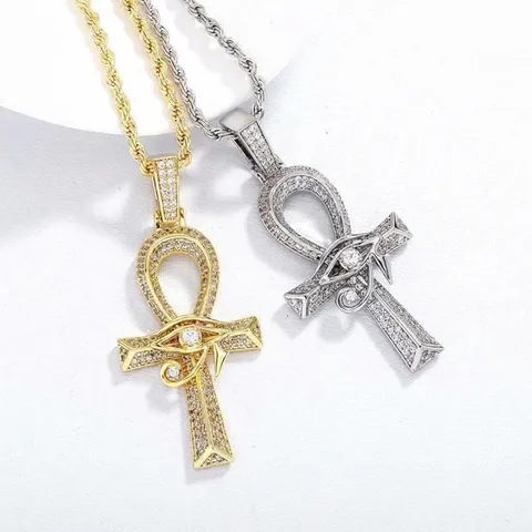 Ankh Cross Eye Of Horus Pendant Necklace Copper Iced Out Cubic Zirconia Hip Hop Vintage Jewelry For Men