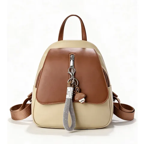 Women Fashion Backpack PU Leather Color Block Patchwork Travel School Bag Casual Mini With Cute Rabbit Charm Pendant