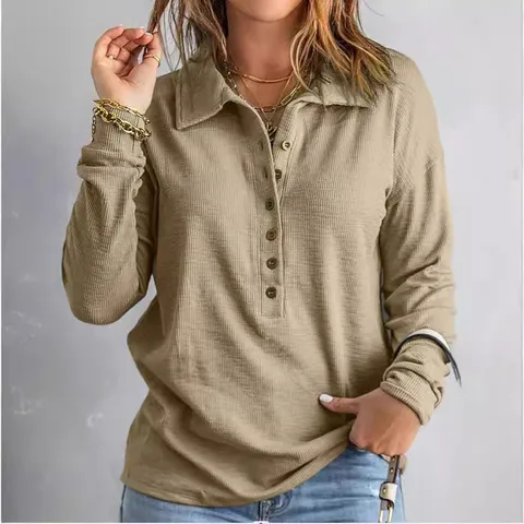 Damen Casual Einfarbig Langarm Umlegekragen Einreiher Lose Strick Top Mode Alltag Pullover Bluse