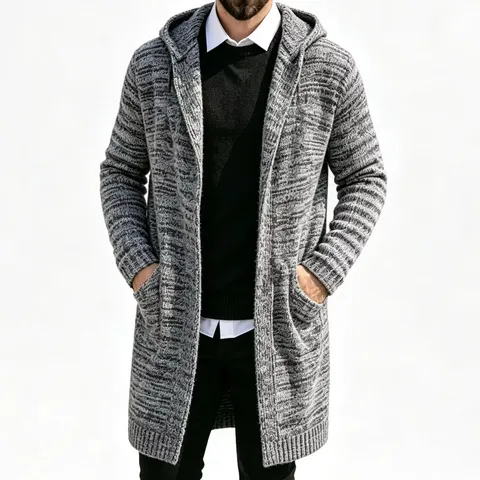 Men's Hooded Knitted Cardigan Jacket Marl Cotton Blend Mid-Length Open Front Slim Fit Winter Sweater For Men Outerwear