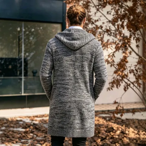 Men's Hooded Knitted Cardigan Jacket Marl Cotton Blend Mid-Length Open Front Slim Fit Winter Sweater For Men Outerwear