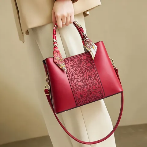 Women PU Leather Handbag Floral Embossed Scarf Handle Large Capacity Retro Elegant Office Commute Shoulder Crossbody