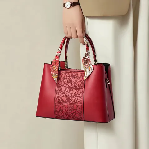 Women PU Leather Handbag Floral Embossed Scarf Handle Large Capacity Retro Elegant Office Commute Shoulder Crossbody