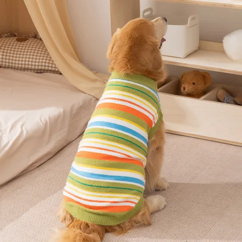 Warm Striped Dog Sweater For Large Dogs Multicolor Knitted Pet Pullover Soft Polyester Pet Clothes For Golden Retriever Labrador