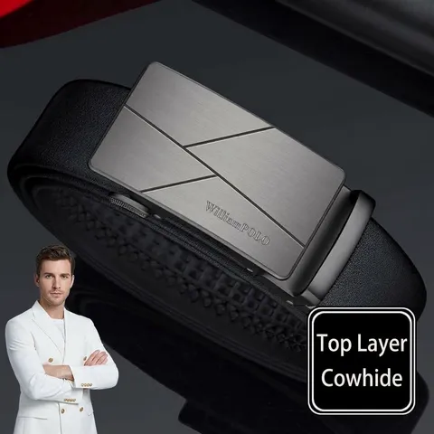 Cinturón de Cuero Auténtico para Hombre con Hebilla Automática Business Casual Cinturón de Vestir de Trinquete de Metal para Hombres Correa de Cintura de Moda