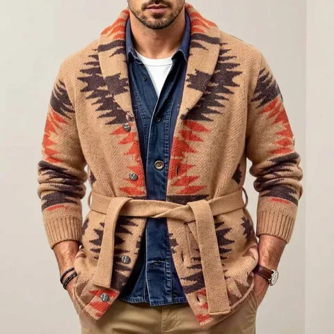 Vintage Ethnisch Geometrischer Jacquard Strickjacke Für Herren Mittellang Verdickt Pullover Mantel Mit Gürtel Langarm Top