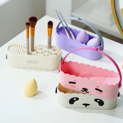 Makeup Brush Cleaner Box TPR Plastic Cleaning Mat Drying Rack Hanging Organizer For Cosmetic Brushes Sponges
