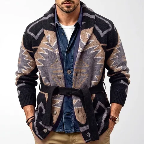 Men's American Retro Geometric Jacquard Knit Cardigan Shawl Collar Thickened Mid-Long Sweater Jacket With Belt Winter SY0075