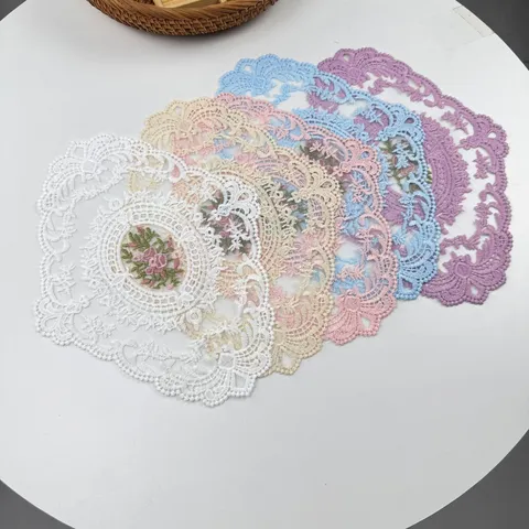 Vintage Oval Spitze Bestickt Tischmatte Floral Rose Muster Hohl Heraus Netting Untersetzer Elegant Dekor