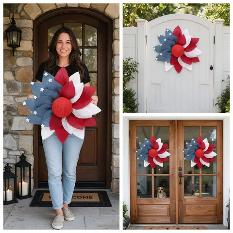 Onafhankelijkheidsdag Jute Krans Patriottische Amerikaanse Vlag Rood Wit Blauw Gaas Bloem Deur Decor Met Sterren Voor Huis Muur Feest