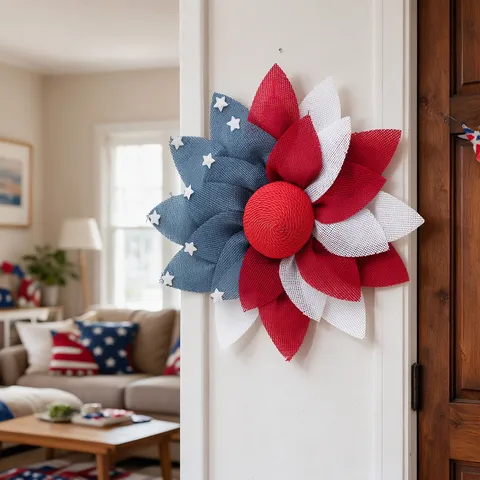 Onafhankelijkheidsdag Jute Krans Patriottische Amerikaanse Vlag Rood Wit Blauw Gaas Bloem Deur Decor Met Sterren Voor Huis Muur Feest