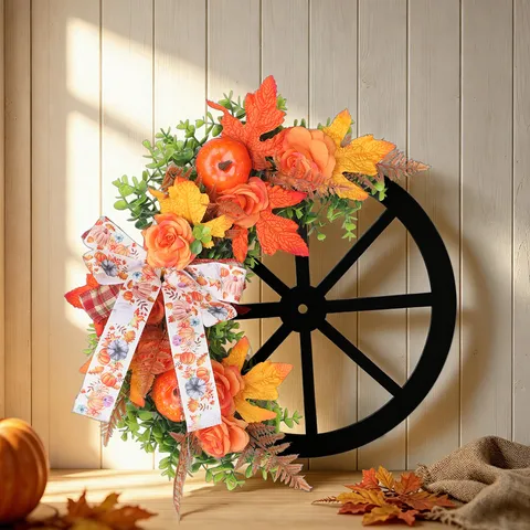 Herbst Wagenrad Kranz Mit Kürbis Ahornblättern Rosen Holzrahmen Ernte Erntedankfest Deko