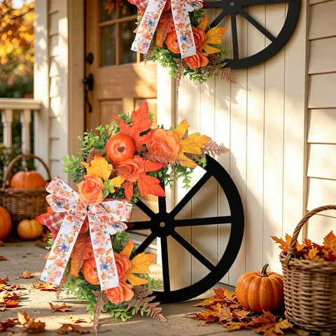 Herbst Wagenrad Kranz Mit Kürbis Ahornblättern Rosen Holzrahmen Ernte Erntedankfest Deko