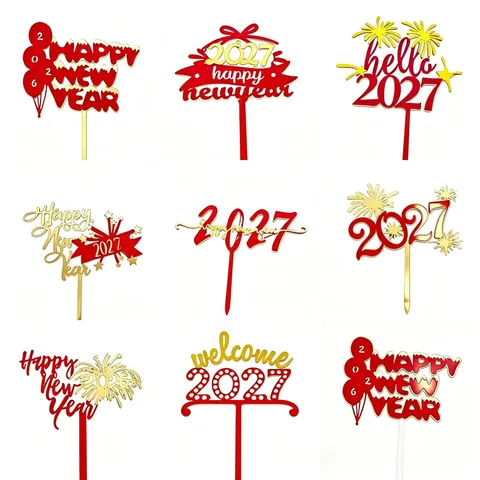 2026 Cake Topper Πρωτοχρονιάς Καλή Χρονιά Ακρυλικό Διακοσμητικό Τούρτας Κόκκινο Χρυσό Πάρτι Είδη Επιδόρπια Cupcake Insert