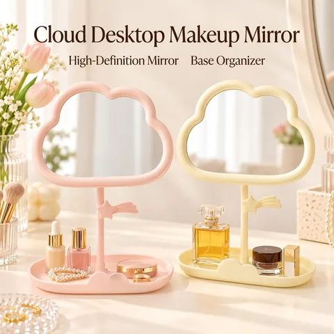 Cute Cloud Shaped Tabletop Makeup Mirror Ins Style Cosmetic Mirror With Storage Base Tray And Star Hook Decor For Women