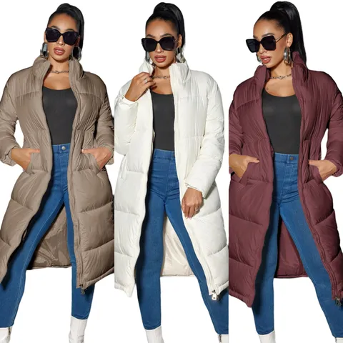 Women Winter Long Puffer Coat Stand Collar Quilted Jacket Solid Color Full Zip Warm Thick Outerwear Casual Streetwear
