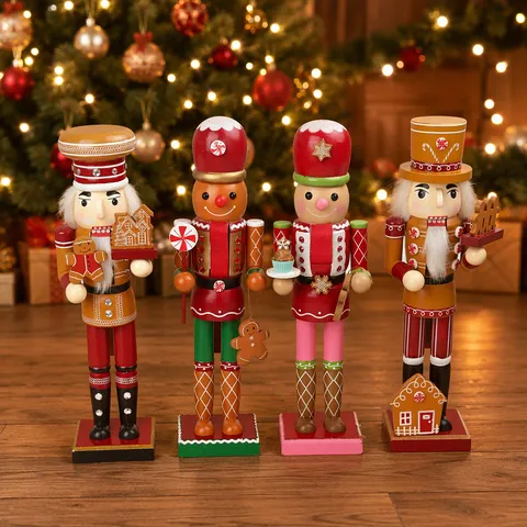 Wooden Christmas Nutcracker Soldier Gingerbread Man Theme Hand Painted Holiday Decor Traditional Desktop Wooden Craft Statue For Home Office Xmas Gift