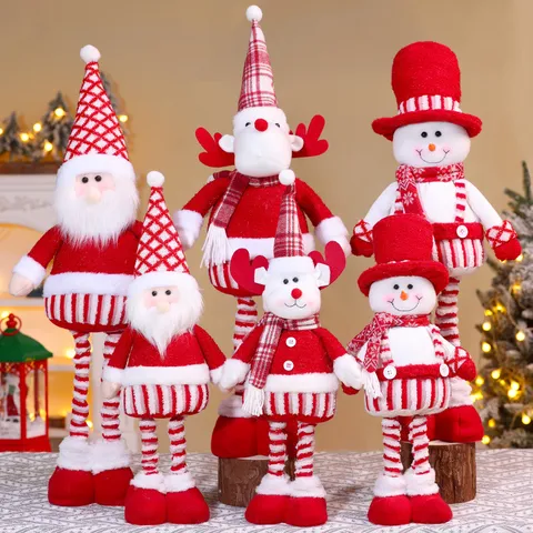 Christmas Telescopic Doll Ornaments Fabric Long Leg Plush Toys For Holiday Home Party Tabletop Decor Santa Snowman Reindeer